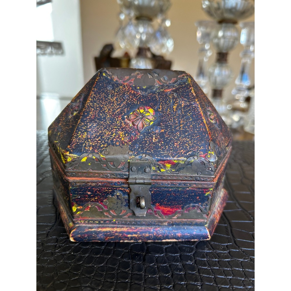 Antique Indian Mughal Wooden Trinket Box Metal Overlay Boho Decor